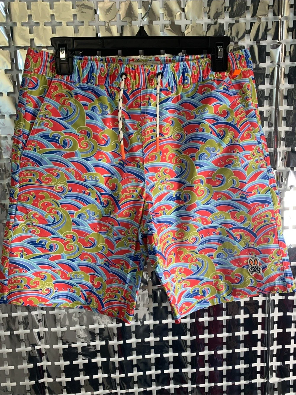 Psycho Bunny Men’s Red, Blue, Yellow Wave-Print Swim Trunks